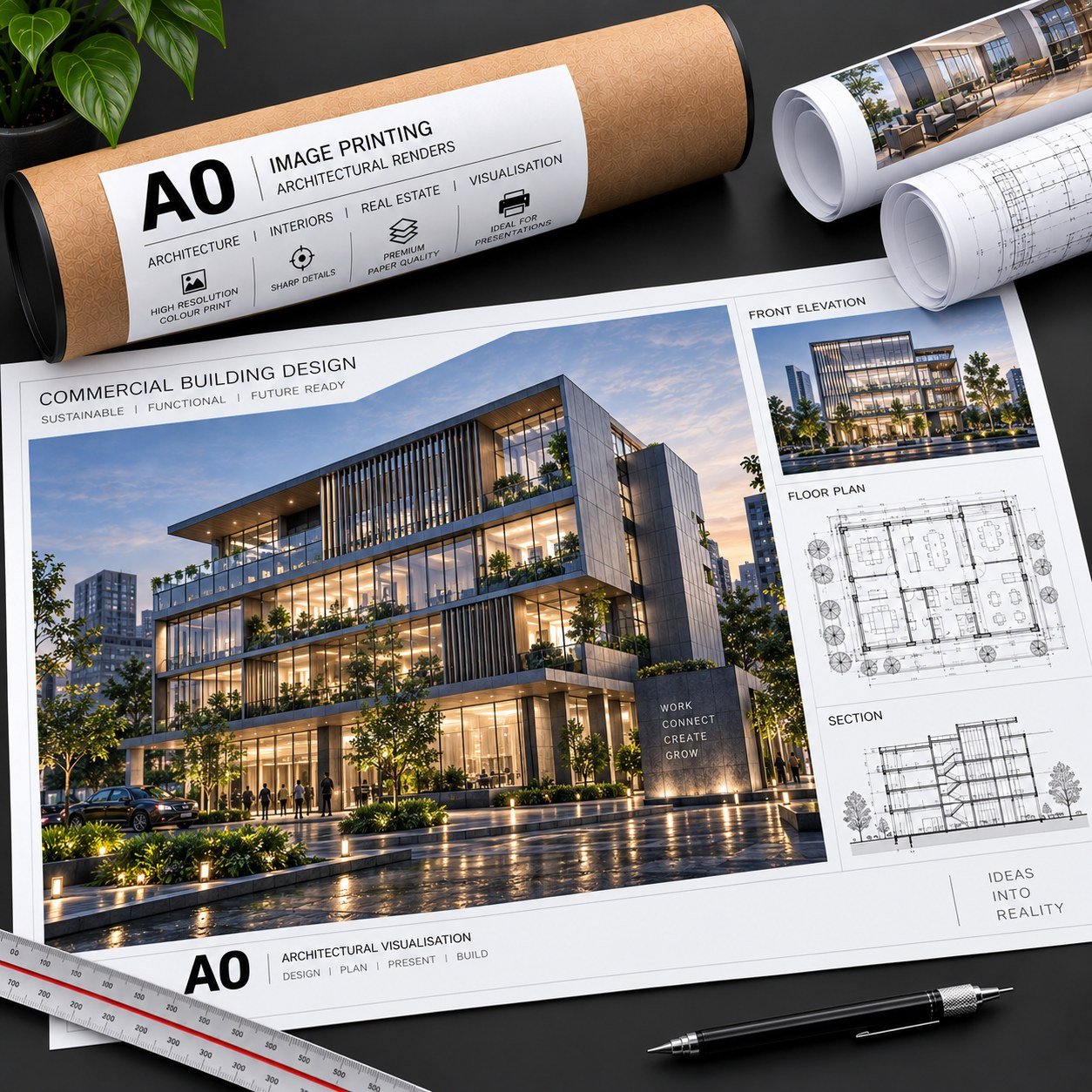 A0 colour print of a commercial building visualisation with elevation, floor plan and section