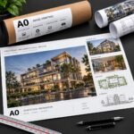 A0 colour print of a proposed architectural design with exterior, interior and site plan views