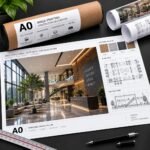 A0 colour print of an architectural interior visualisation with material palette