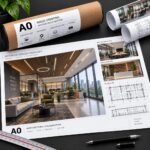 A0 colour print of an interior design concept with meeting room and reception views