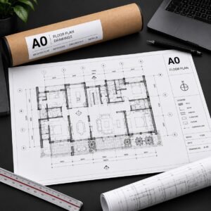 A0 floor plan drawing print with rolled drawings in a cardboard tube