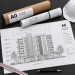 A0 elevation drawing print with drawing tube and safety helmet