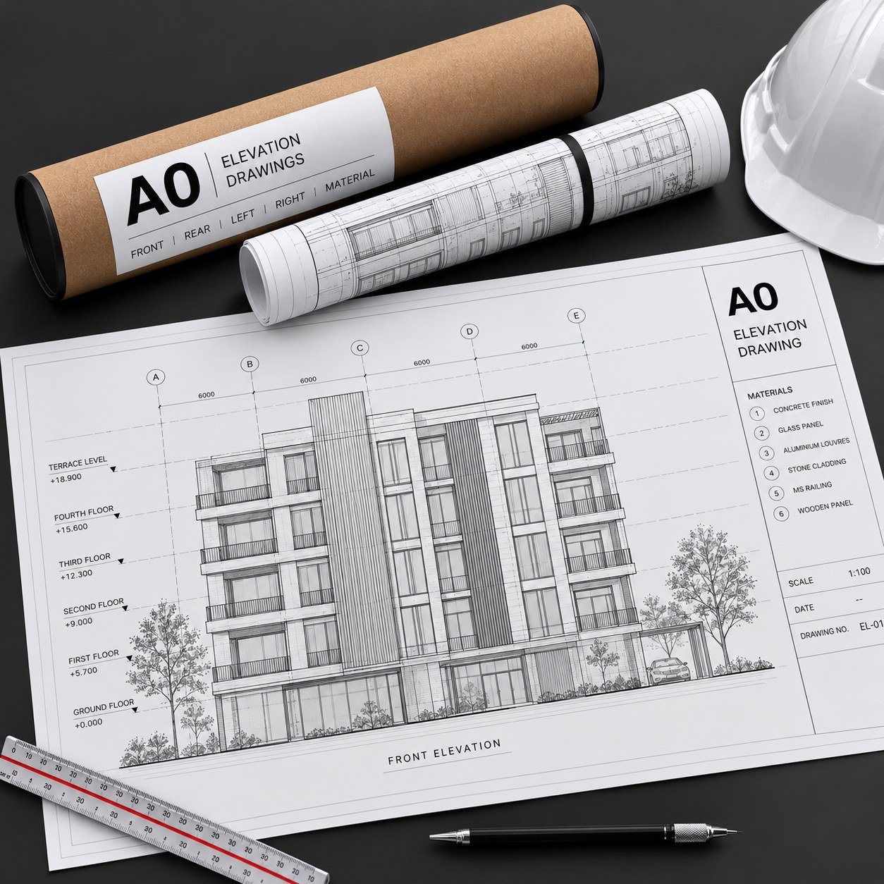 A0 elevation drawing print with drawing tube and safety helmet